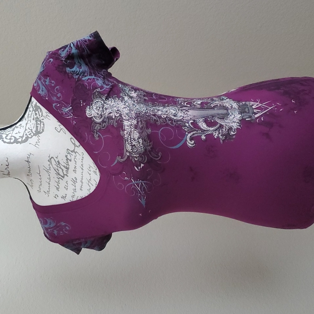 Purple screen cross print top with rhinestones.